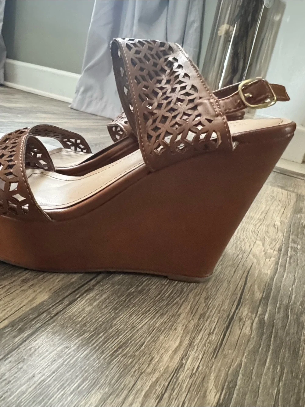 BAMBOO Cognac Laser-Cut Slingback Wedge Sandals